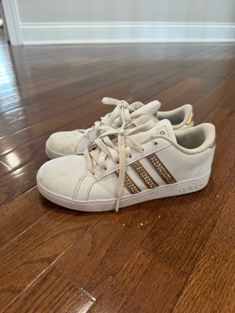adidas Kids White Sneakers with Gold Bejeweled Detail